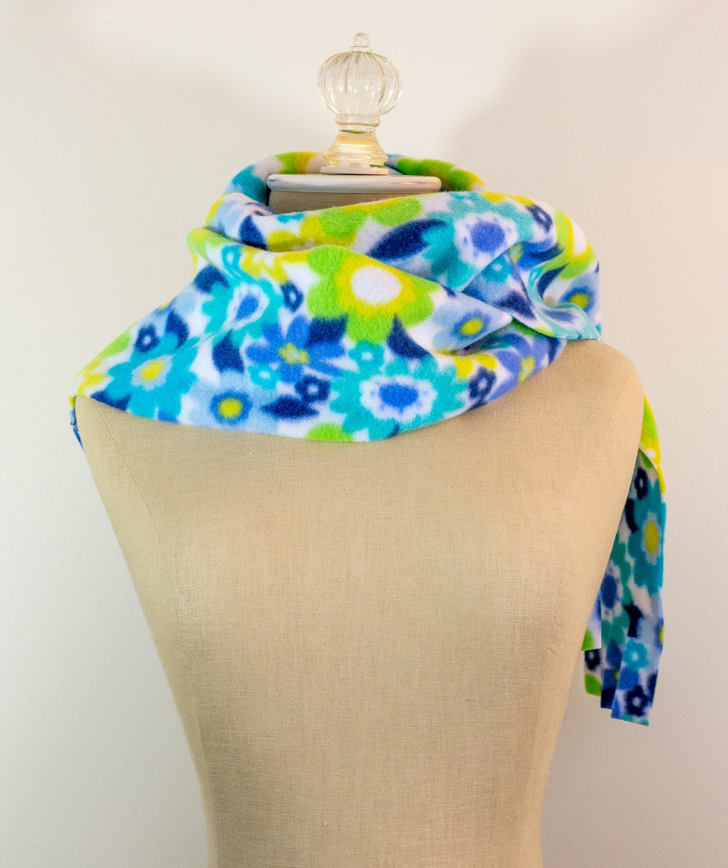 Blue and Yellow Floral Polar Fleece Scarf 9in x 60in Handmade in Maine