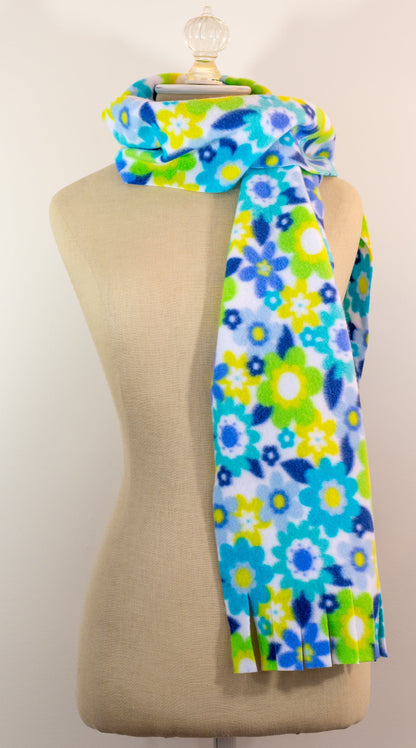 Blue and Yellow Floral Polar Fleece Scarf 9in x 60in Handmade in Maine