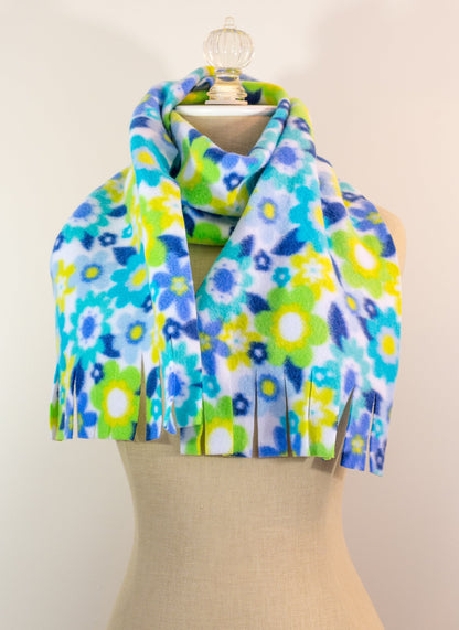 Blue and Yellow Floral Polar Fleece Scarf 9in x 60in Handmade in Maine