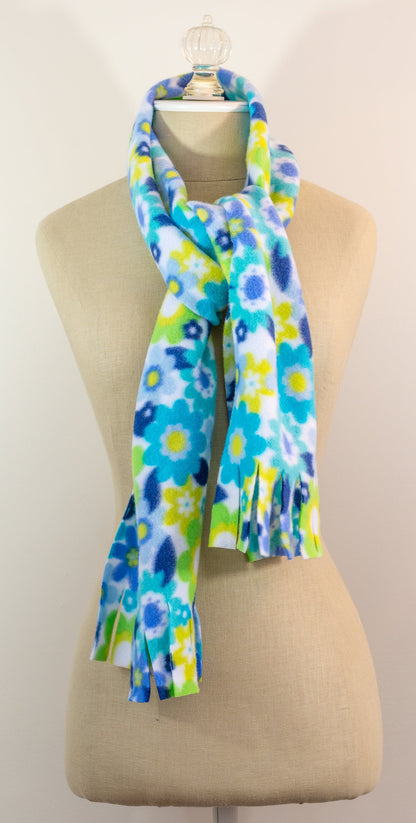 Blue and Yellow Floral Polar Fleece Scarf 9in x 60in Handmade in Maine