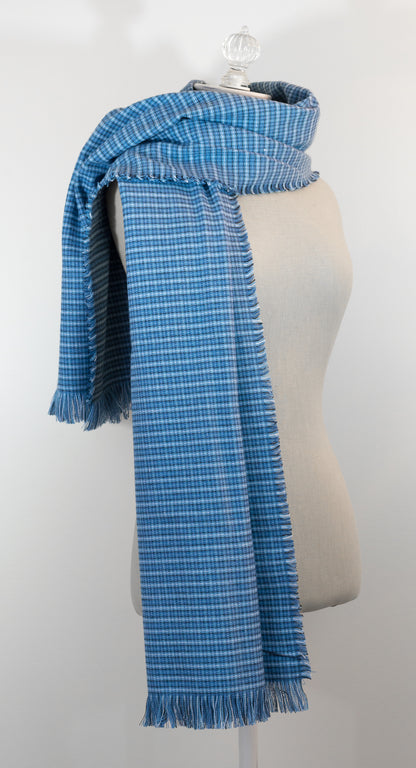 Blue Tartan Plaid Flannel Blanket Scarf 23in x 72in Shawl with Kilt Pin Handmade in Maine