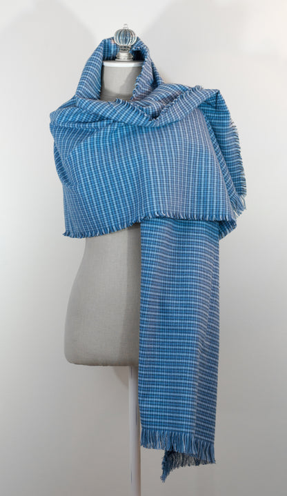 Blue Tartan Plaid Flannel Blanket Scarf 23in x 72in Shawl with Kilt Pin Handmade in Maine