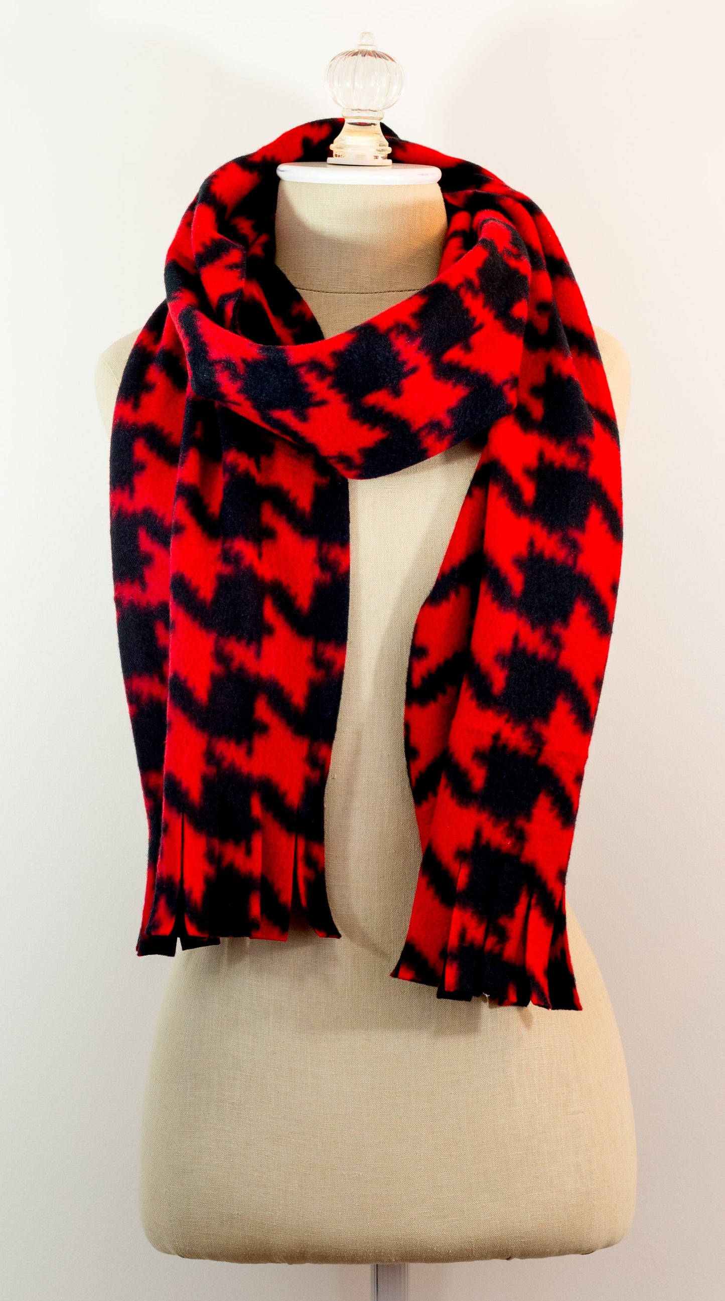 Red and Black Houndstooth Polar Fleece Scarf 10in x 72in Handmade in Maine