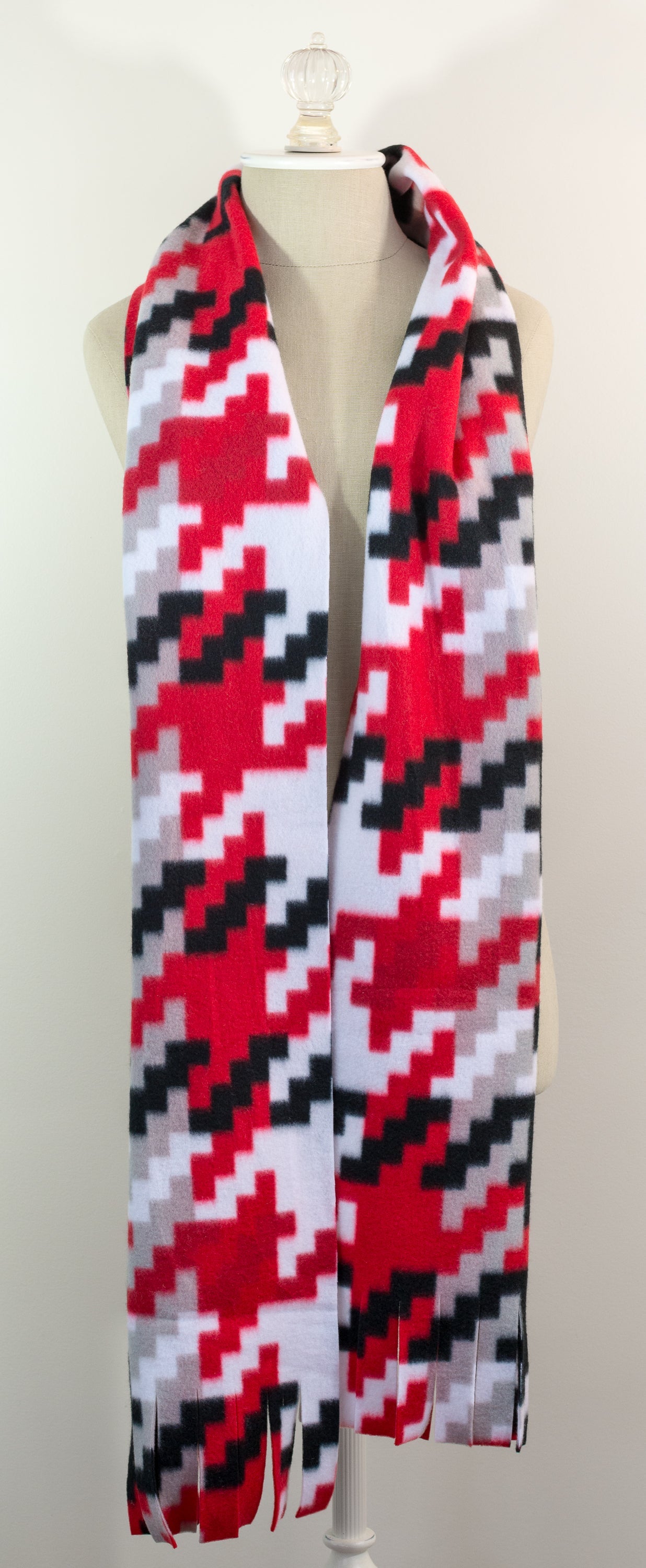 Red black store and white scarf