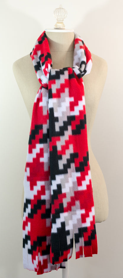 Red, Black, White and Beige Houndstooth Polar Fleece Scarf 10in x 72in Handmade in Maine