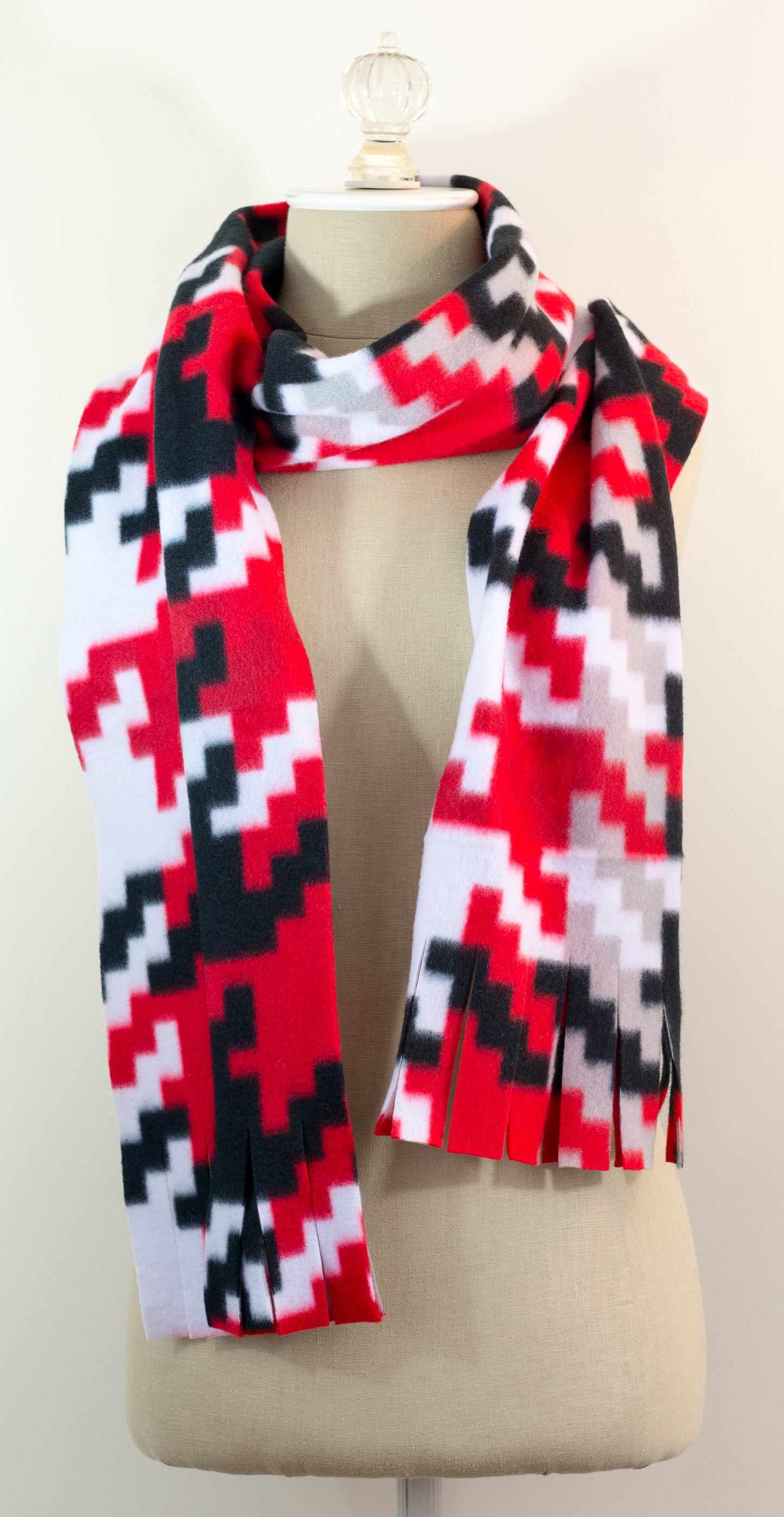 Red, Black, White and Beige Houndstooth Polar Fleece Scarf 10in x 72in Handmade in Maine