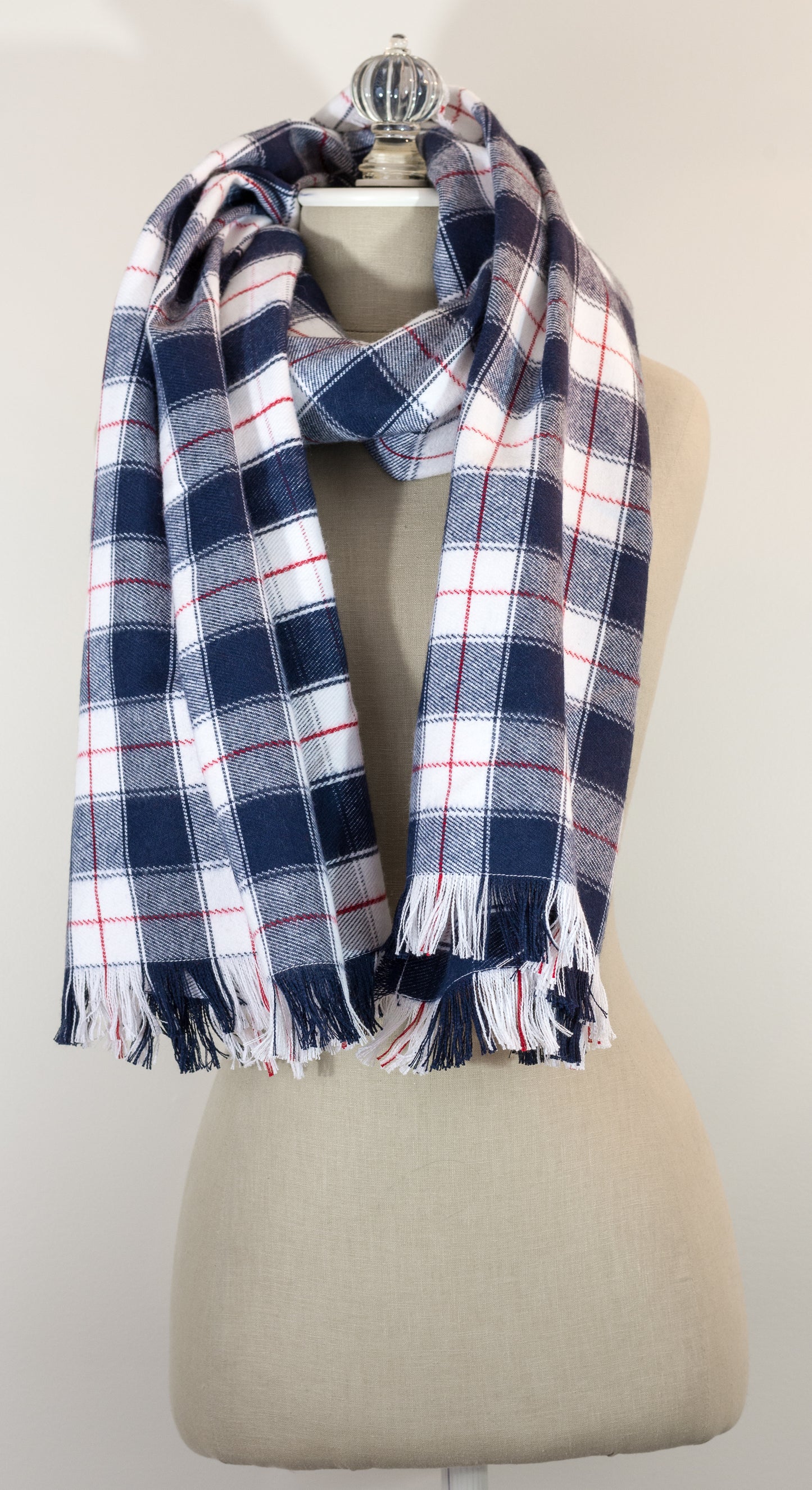 Navy, White and Red Tartan Plaid Flannel Blanket Scarf 23in x 72in Shawl with Kilt Pin Handmade in Maine